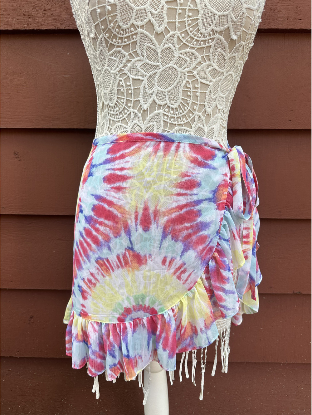 Miken Swim Tie Dye Wrap Skirt with Ruffle Trim Bohemian Festival Swim